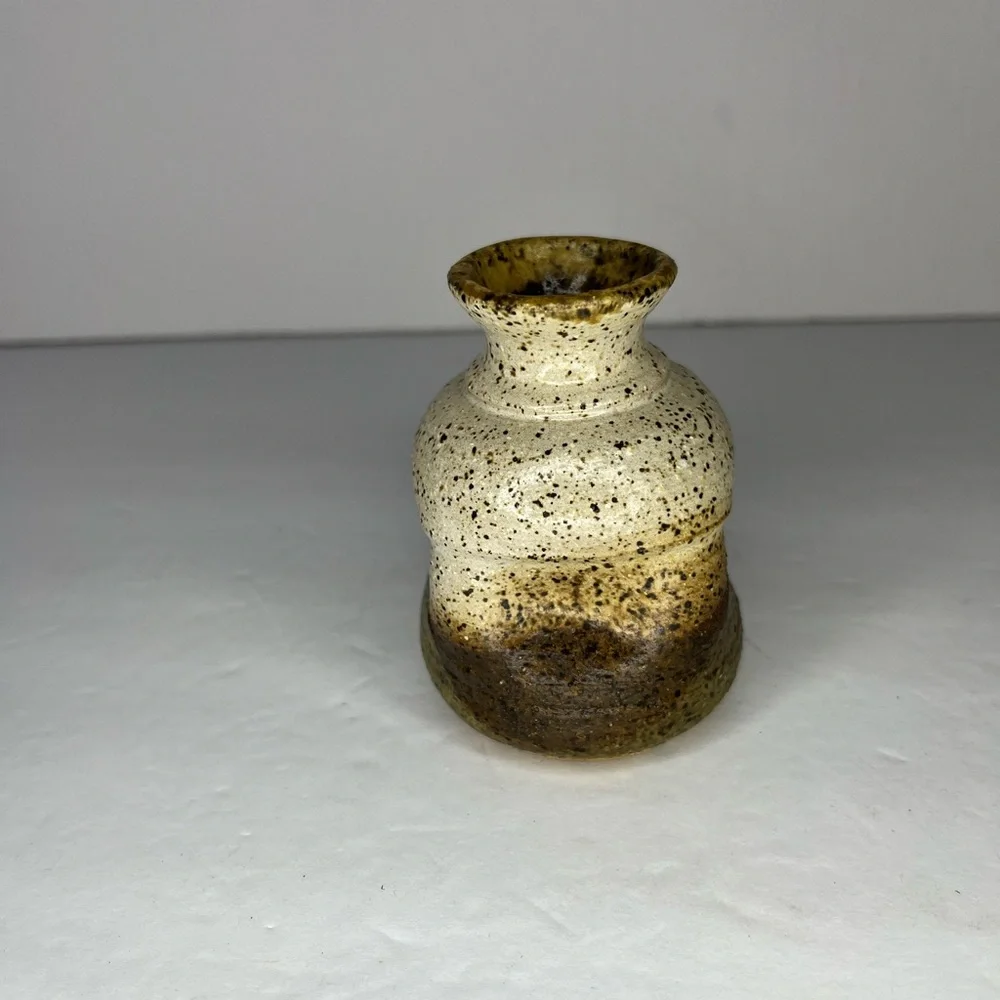 Vintage mid-century stoneware vase hand painted‎ abstract organic shape